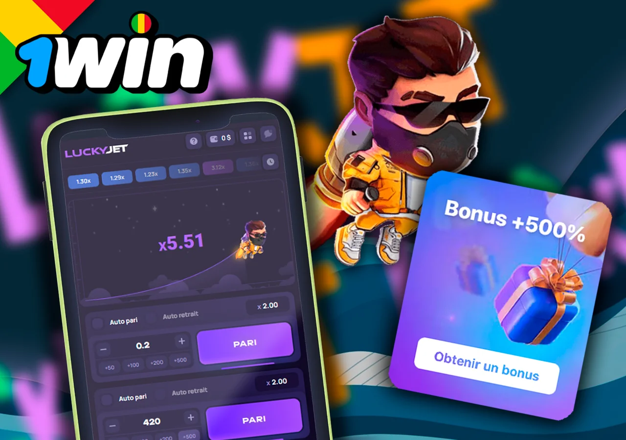 Téléphone avec le jeu Lucky Jet sur 1Win, à côté d'un bonus de bienvenue de 500%.