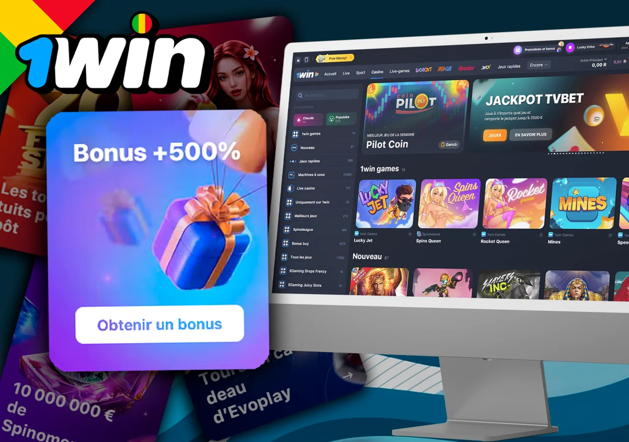 Une page de la section casino est ouverte sur l'écran, à côté de laquelle se trouve la couverture du bonus de bienvenue de 1Win.