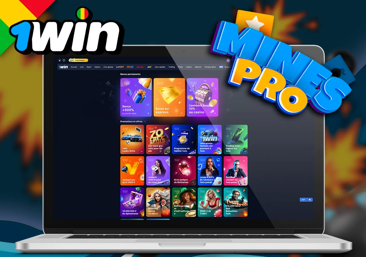 Sur un ordinateur portable, section ouverte avec tous les bonus du site 1Win, à côté du logo du jeu Mines Pro