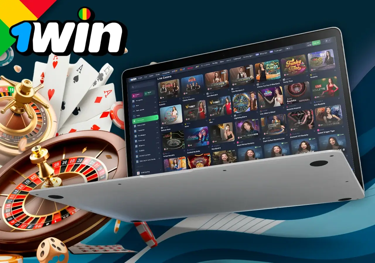 Ordinateur portable montrant une section de croupiers en direct de 1Win, à côté d'une roulette et de cartes