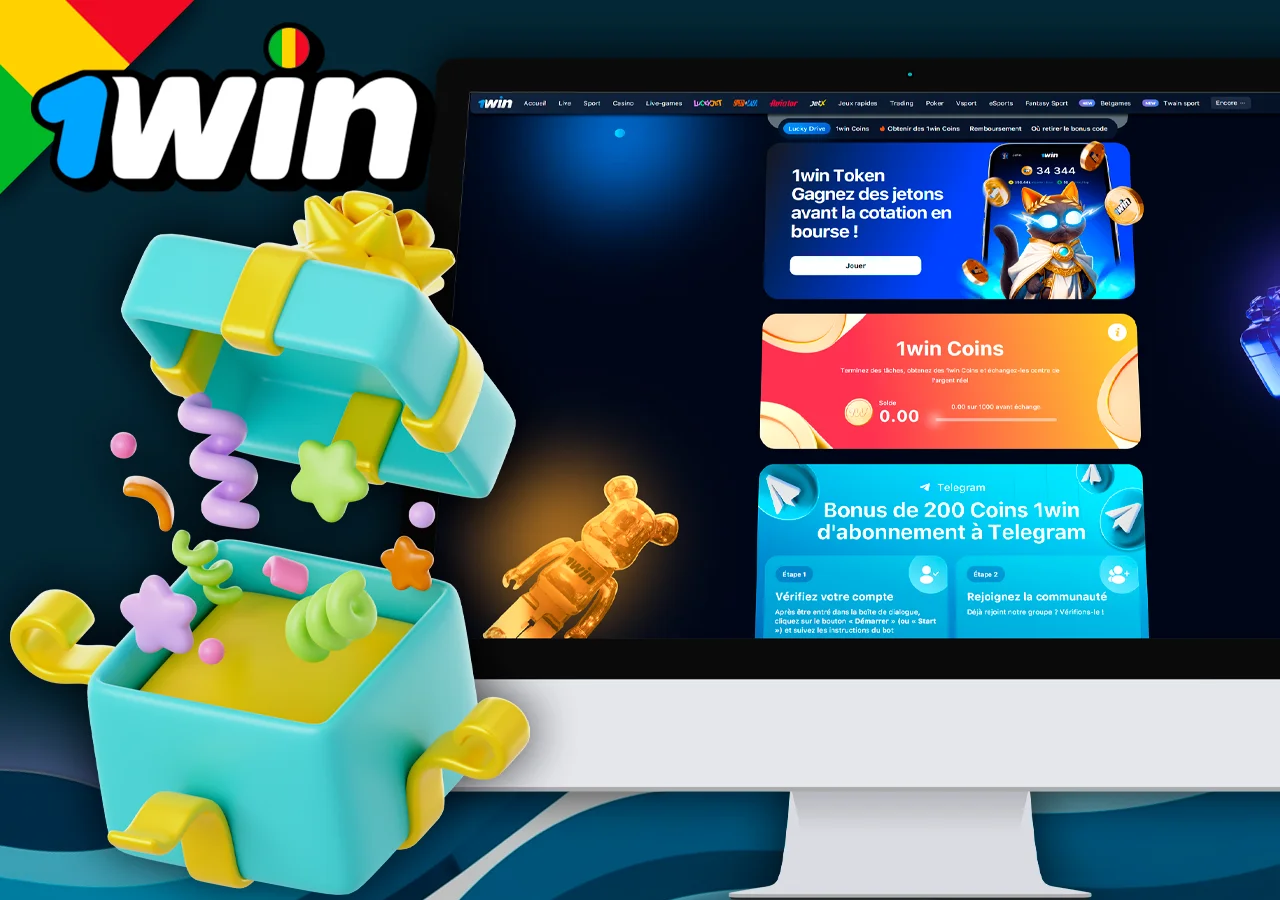 Les promotions du site 1Win sont ouvertes sur le moniteur, à côté du cadeau ouvert.